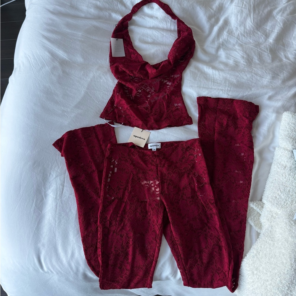 Revolve NWT Tania Lace Matching Pant Set in Burgandy
